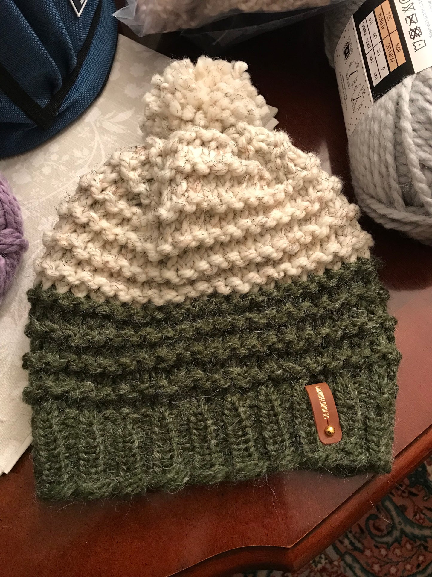 GREEN AND CREAM SLOUCHY HAT WITH ANXIOUSLOOMERS TAG