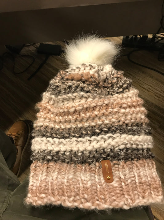 MILTI COLOR SLOUCHY HAT, WHITE POMPOM WITH ANXIOUSLOOMERS TAG