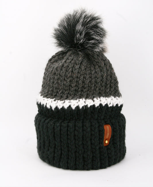 BLACK, WHITE, GREY HAT, BLACK POMPOM WITH ANXIOUSLOOMERS TAG