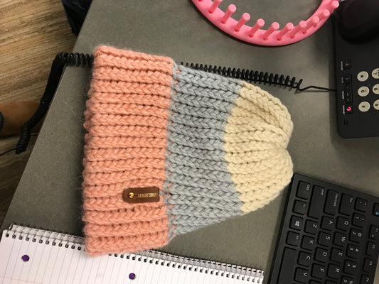 ORANGE, SILVER AND CREAM HAT WITH ANXIOUSLOOMERS TAG