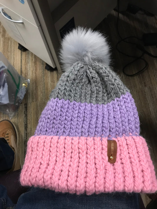 PINK, PURPLE, SILVER HAT, WITH SOLVER POMPOM AND ANXIOUSLOOMERS TAG