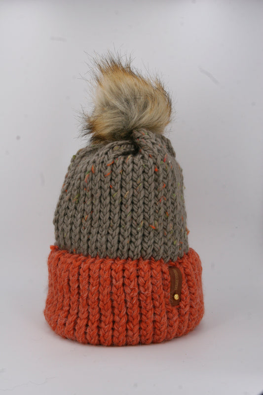 RUST AND SILVER HAT, BROWN POMPOM WITH ANXIOUSLOOMERS TAG