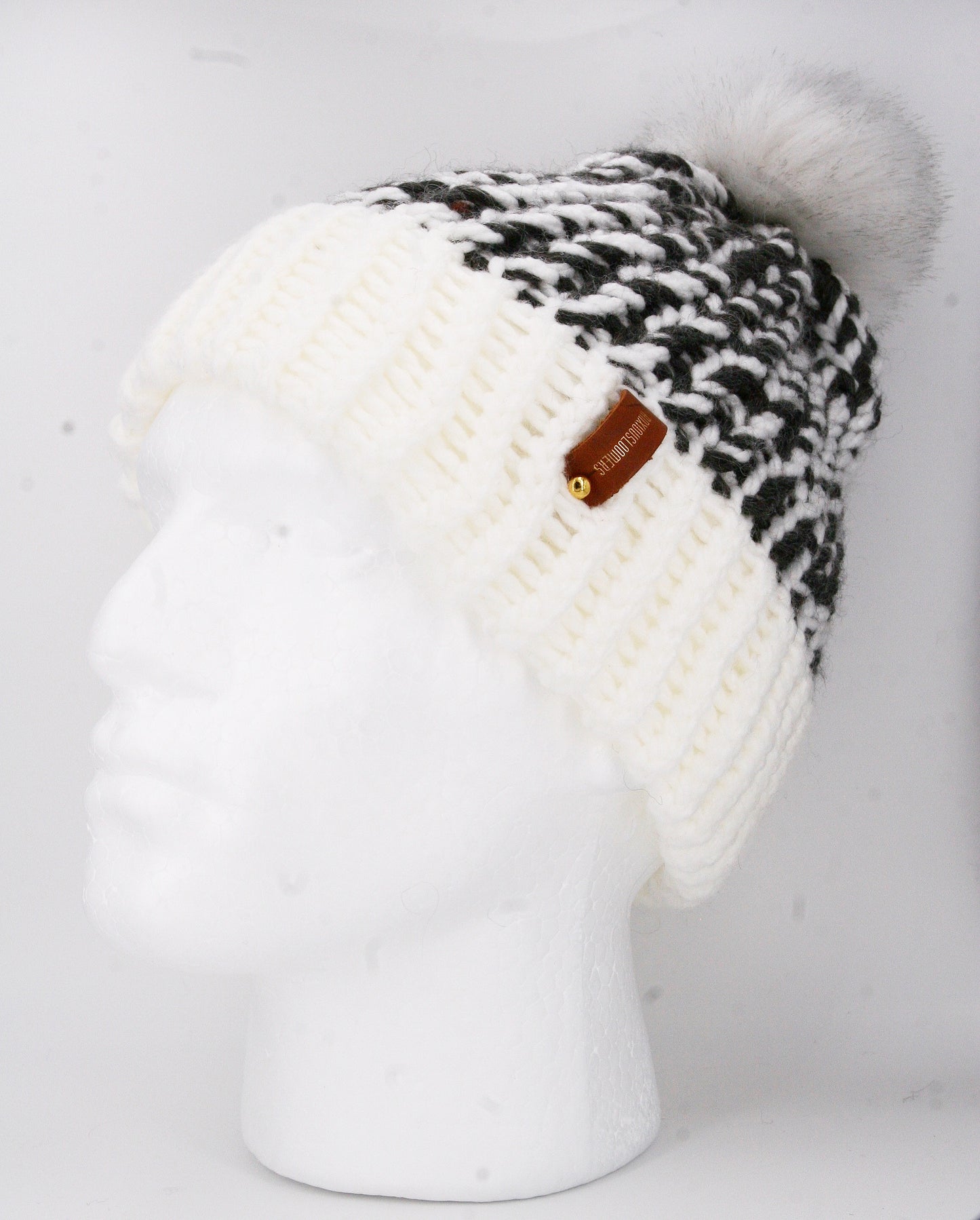 ZEBRA STYLE HAT, WHITE POMPOM WITH ANXIOUSLOOMERS TAG