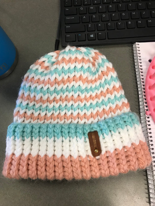 PINK, BLUE AND WHITE HAT WITH ANXIOUSLOOMERS TAG