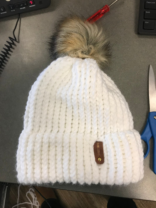 WHITE HAT, TAN POMPOM WITH ANXIOUSLOOMERS TAG