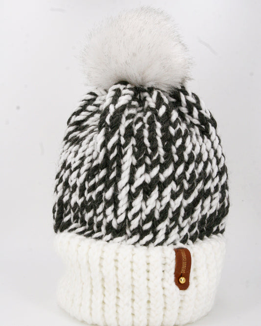 ZEBRA STYLE HAT, WHITE POMPOM WITH ANXIOUSLOOMERS TAG