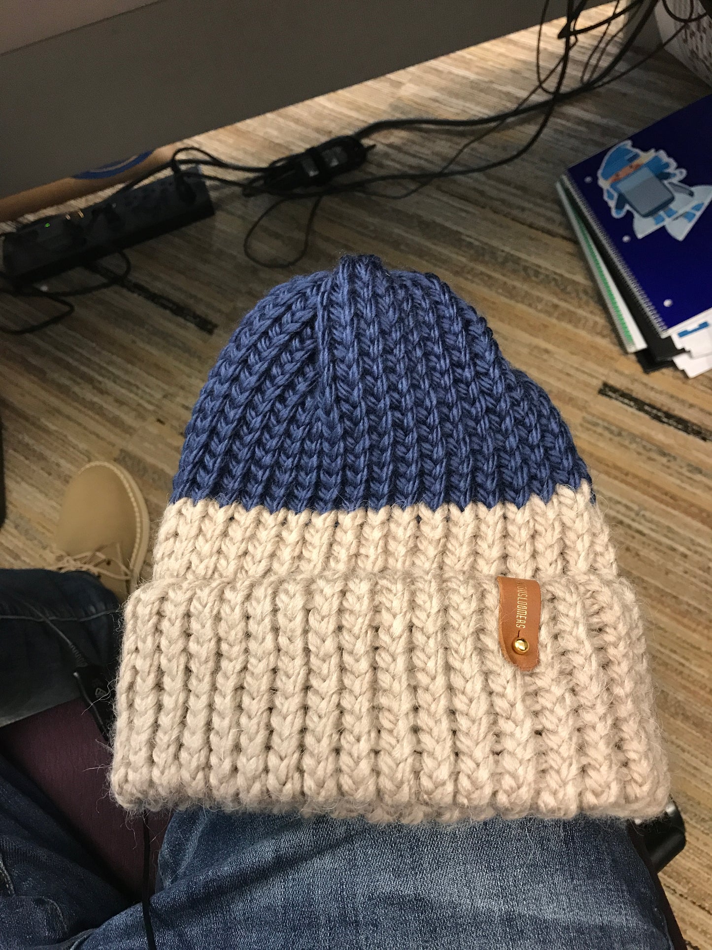 HALF BLUE HALF CREAM HAT WITH ANXIOUSLOOMERS TAG