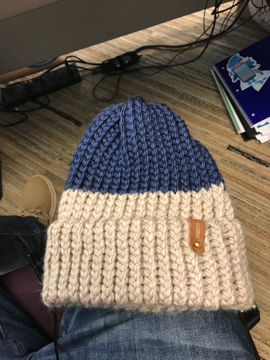 HALF BLUE HALF CREAM HAT WITH ANXIOUSLOOMERS TAG