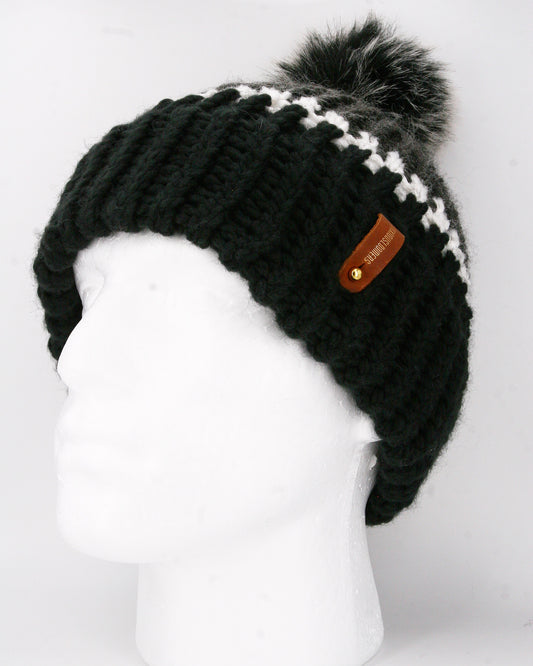 BLACK, WHITE, GREY HAT, BLACK POMPOM WITH ANXIOUSLOOMERS TAG