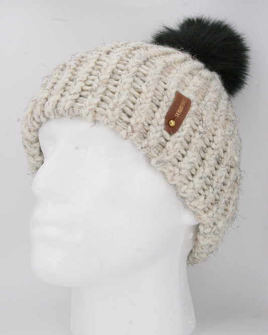 CREAM AND BLACK HAT, BLACK POMPOM WITH ANXIOUSLOOMERS TAG