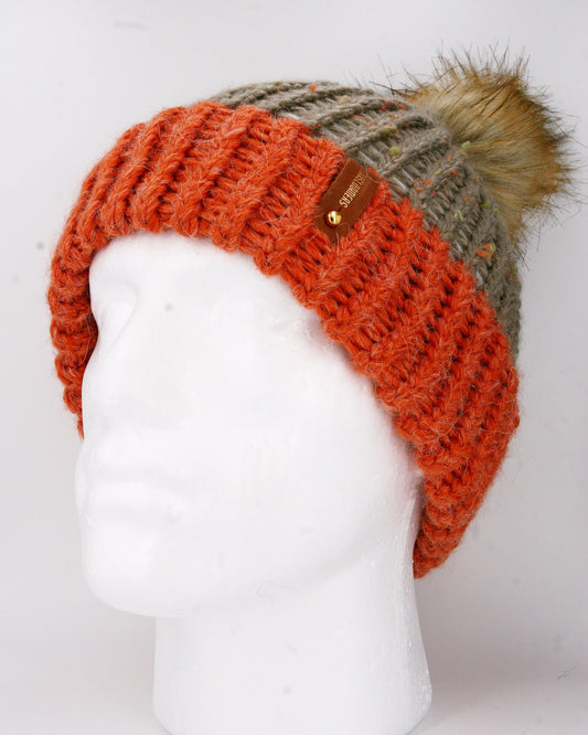 RUST AND SILVER HAT, BROWN POMPOM WITH ANXIOUSLOOMERS TAG