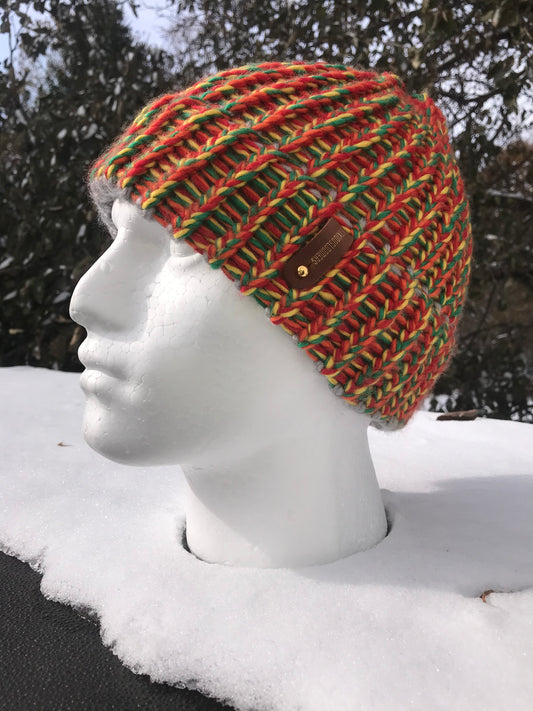 RED, GREEN, YELLOW COLOR HAT WITH ANXIOUSLOOMERS TAG