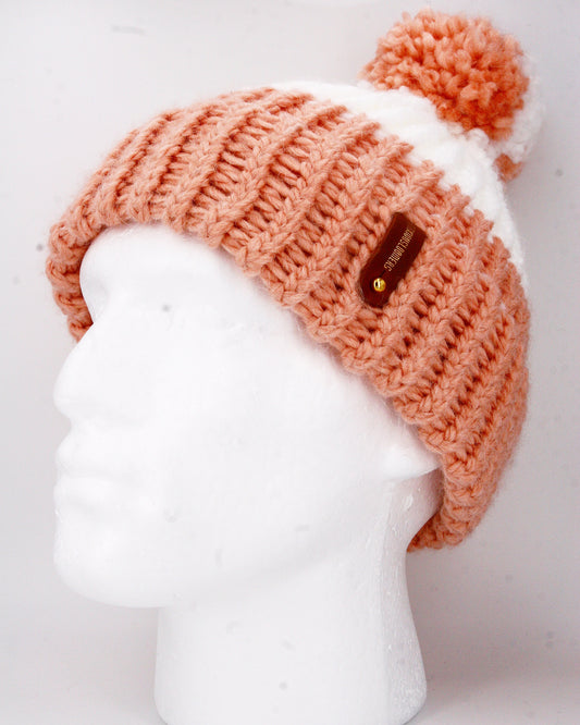 SALMON AND WHITE HAT, SALMON AND WHITE POMPOM WITH ANXIOUSLOOMERS TAG
