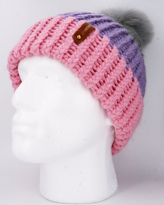 PINK, PURPLE, SILVER HAT, WITH SOLVER POMPOM AND ANXIOUSLOOMERS TAG