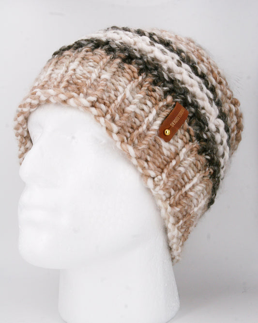 MILTI COLOR SLOUCHY HAT, WHITE POMPOM WITH ANXIOUSLOOMERS TAG