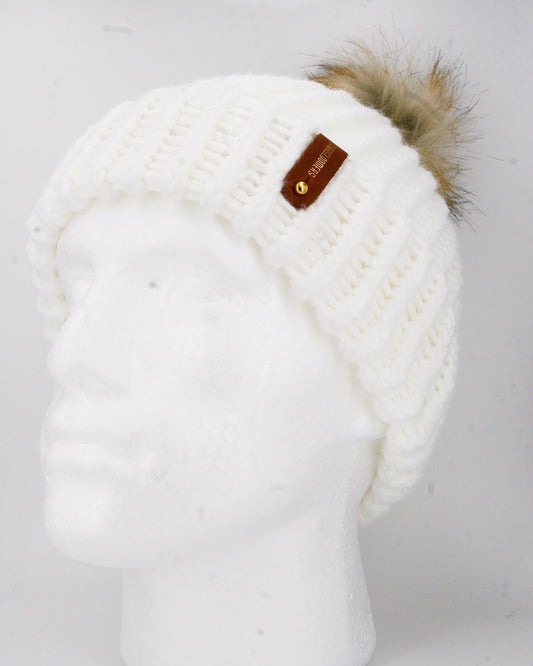 WHITE HAT, TAN POMPOM WITH ANXIOUSLOOMERS TAG