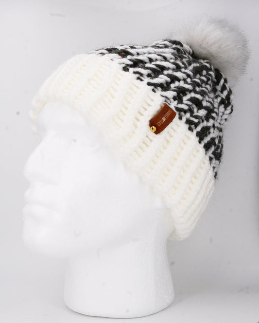 ZEBRA STYLE HAT, WHITE POMPOM WITH ANXIOUSLOOMERS TAG