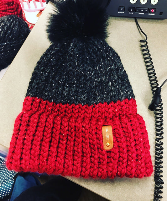 HALF RED HALF BLACK HAT, BLACK POMPOM WITH ANXIOUSLOOMERS TAG