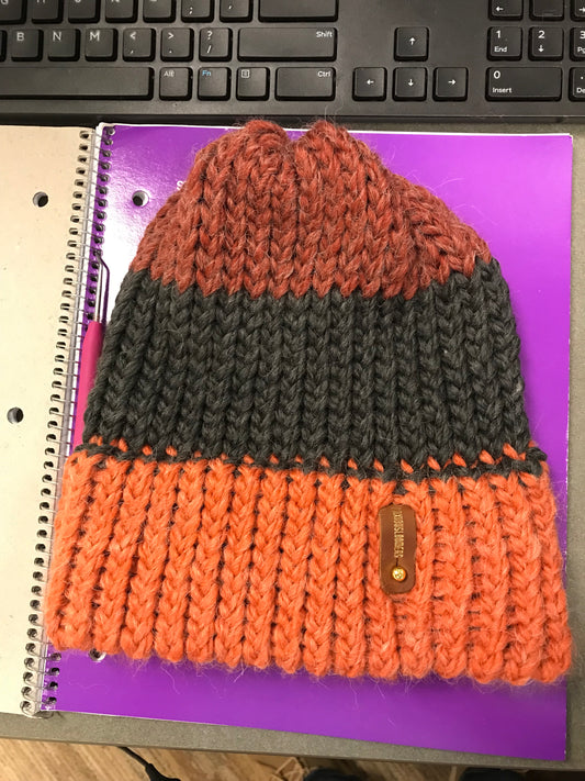 RED, ORANGE, GREY HAT WITH ANXIOUSLOOMERS TAG